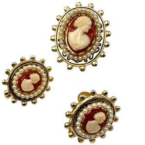 Vintage Gold Cameo Brooch Pendant & Clip-On Earrings Set Faux Pearl Details